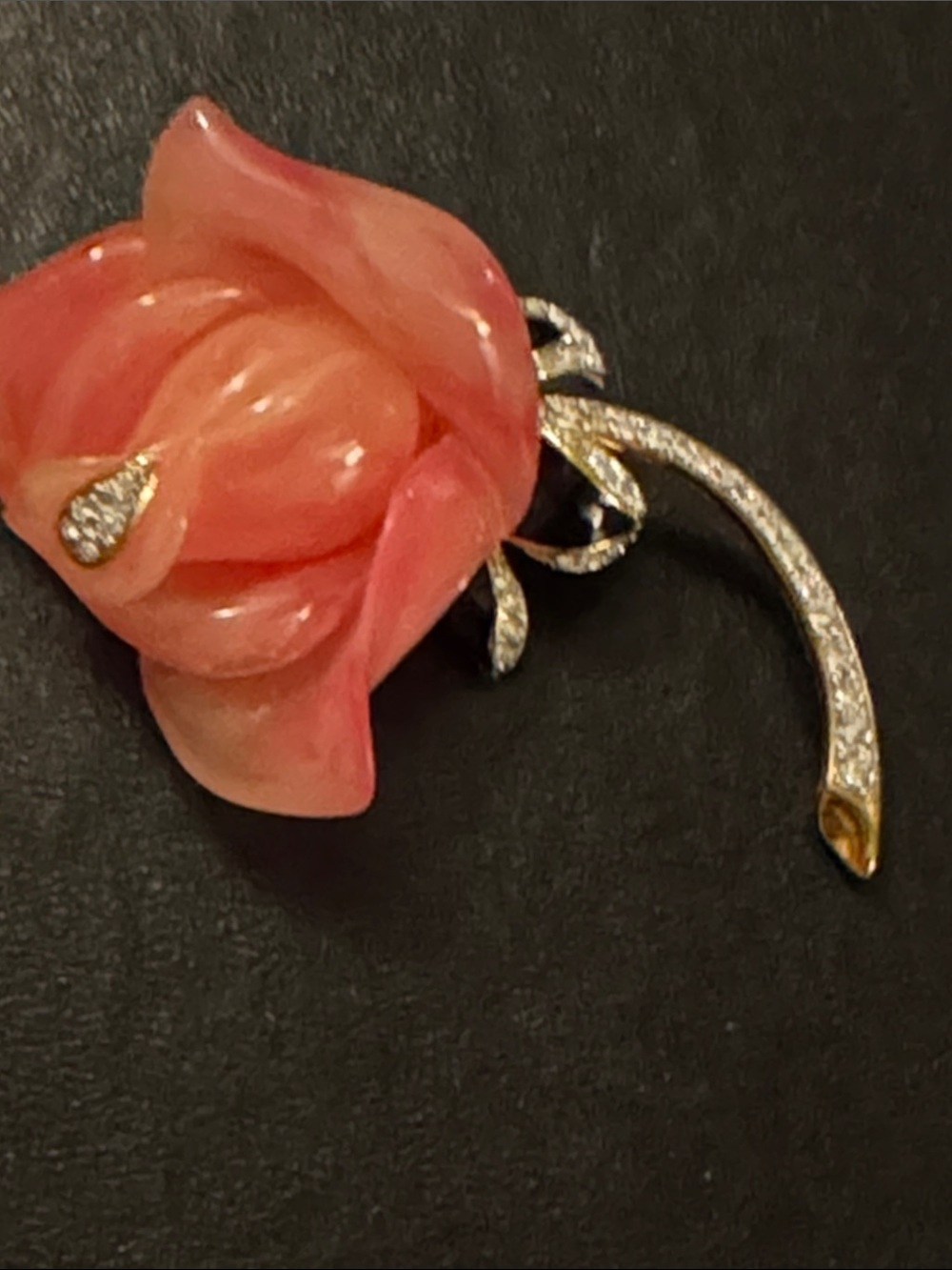 Vintage KENNETH JAY LANE GOLD TONE PINK LUCITE RHINESTONE ROSE BROOCH KJL